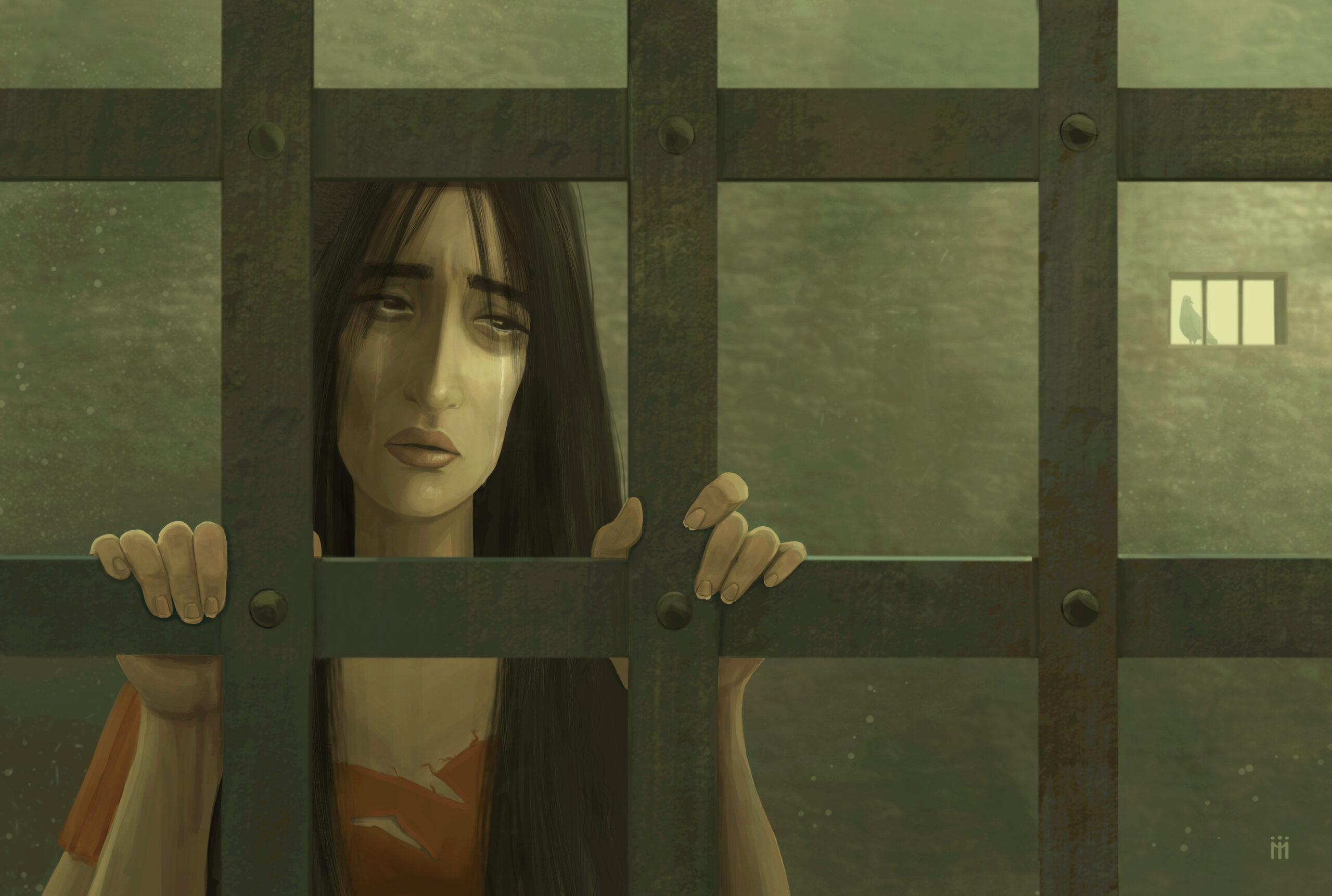 Illustration of the girl in prison. 