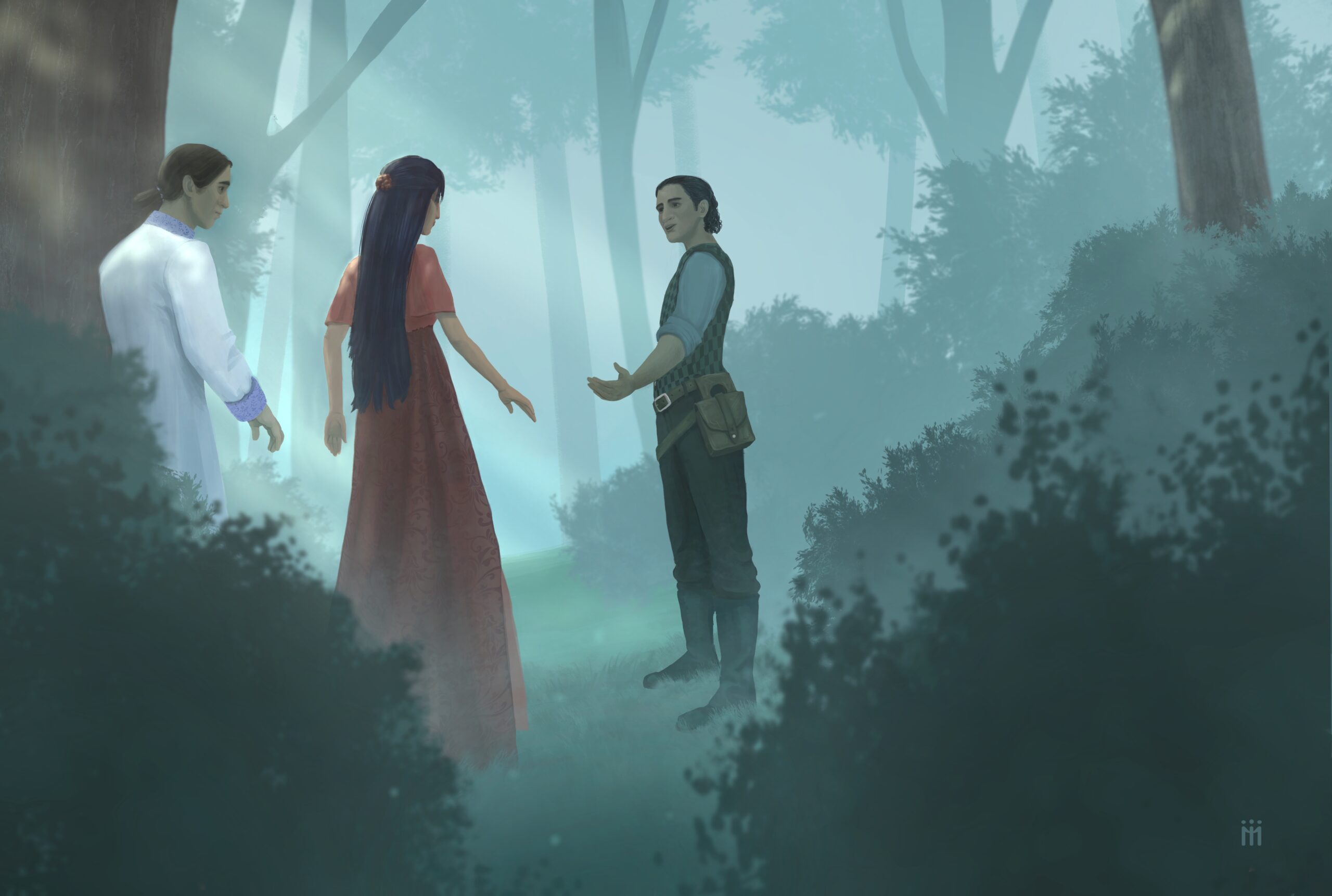 Illustration of the three main characters interacting in the forest.