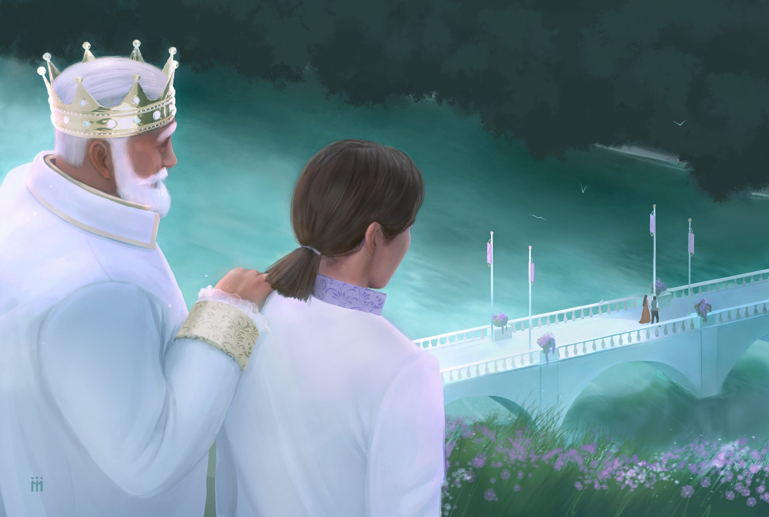 Illustration of the king and Prince looking down on the bridge below.